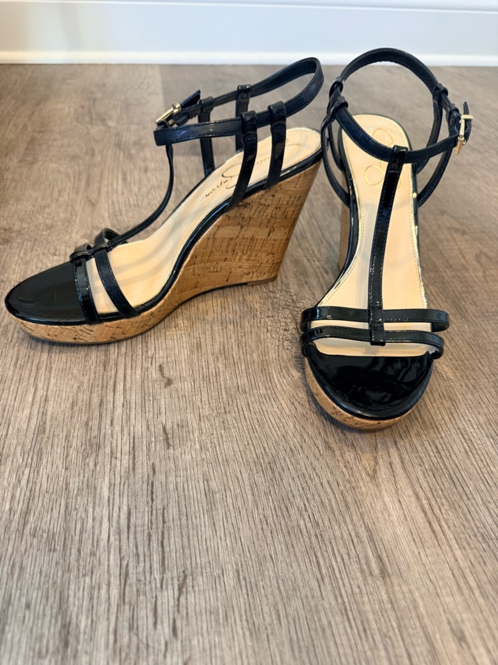 NWT Jessica Simpson Black Patent Cork Wedge Sandals SIZE 10